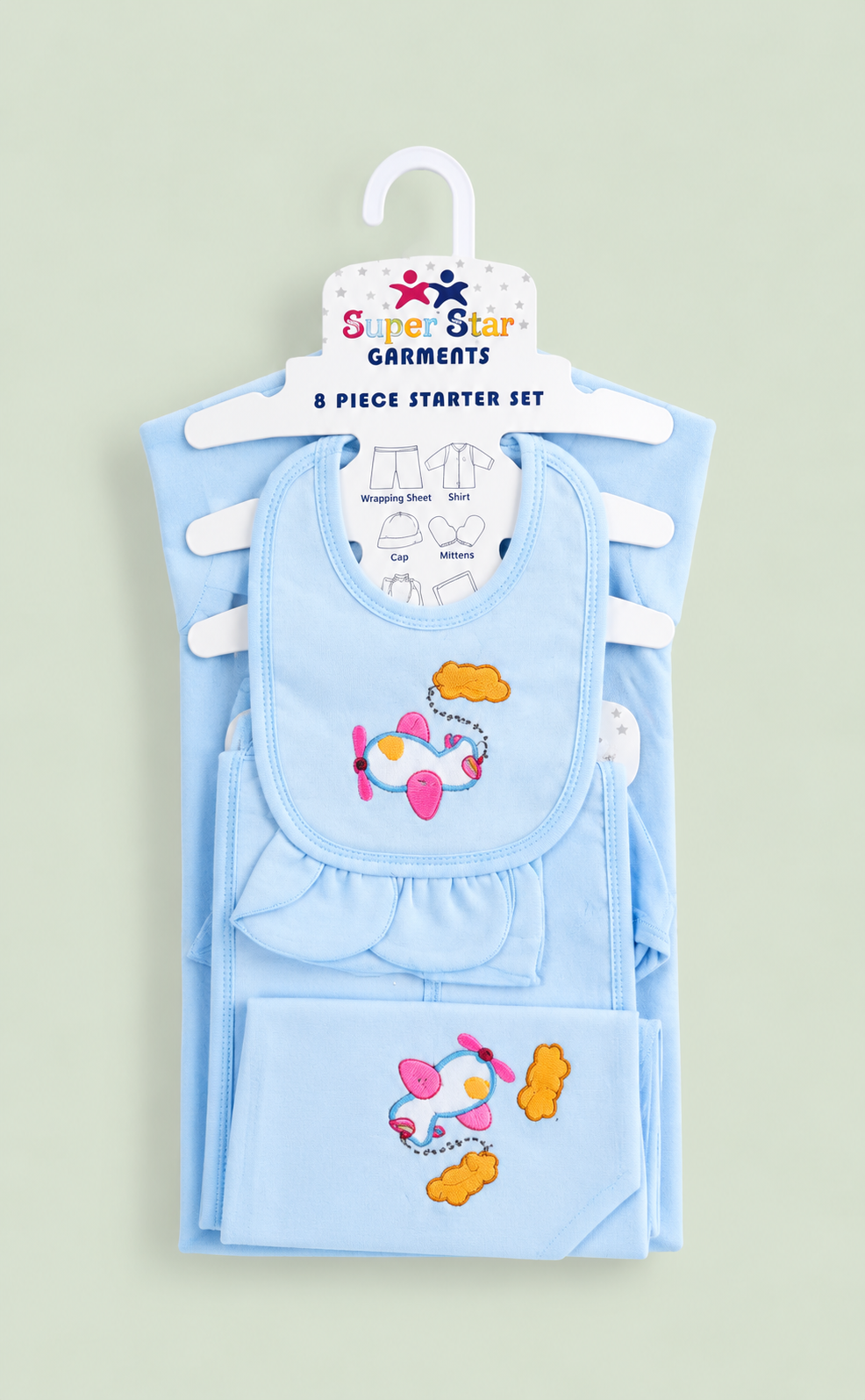 Newborn Baby Starter Set (8 Pcs) – Airplane Design | Blue