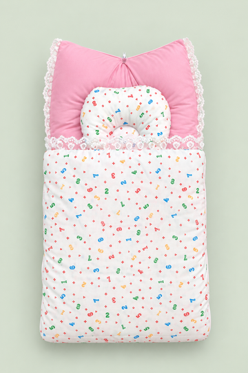 Pink & White Newborn Baby Carry Nest – Multicolor Numbers Print with Lace