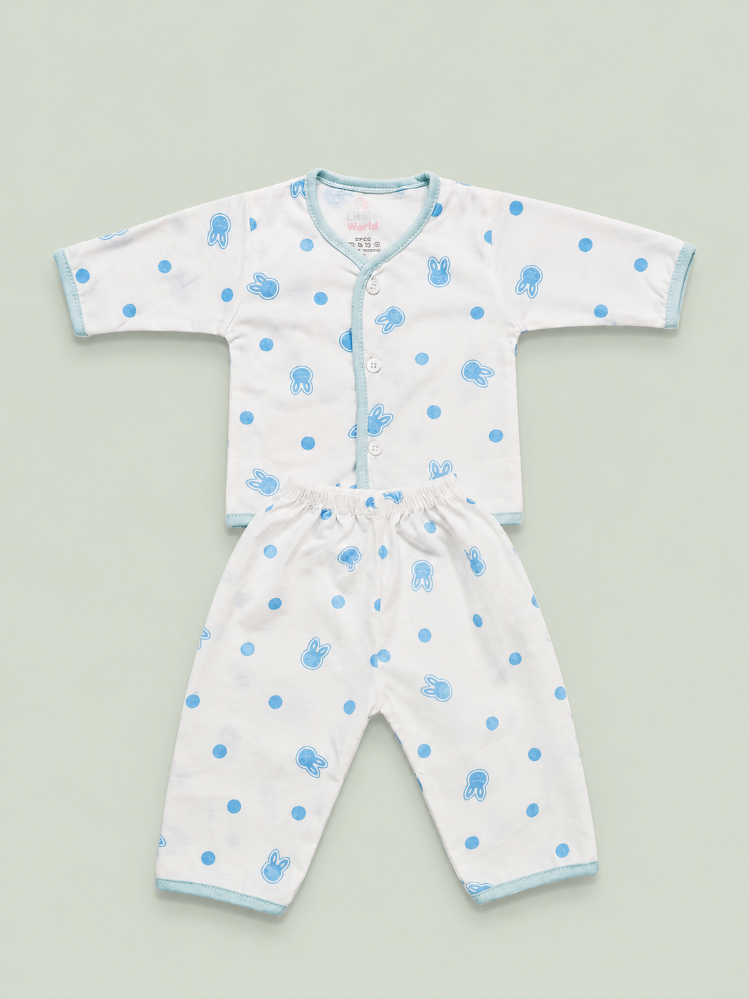 Newborn Baby 2-Piece Dress Set – White & Blue Bunny Print Cotton Baby Suit