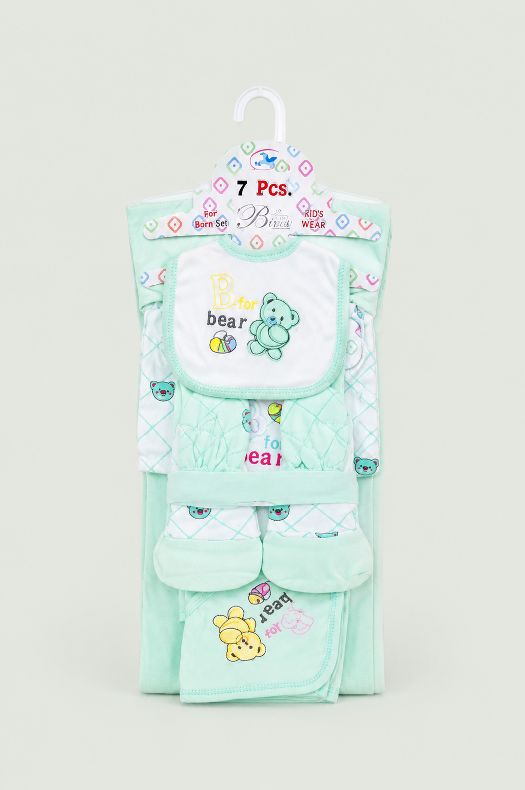 Newborn Baby Starter Set (7 Pcs) – Bear Design | Mint Green