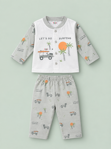 New Born 2-Piece Dress – White & Light Grey “Let’s Go Surfing” Design