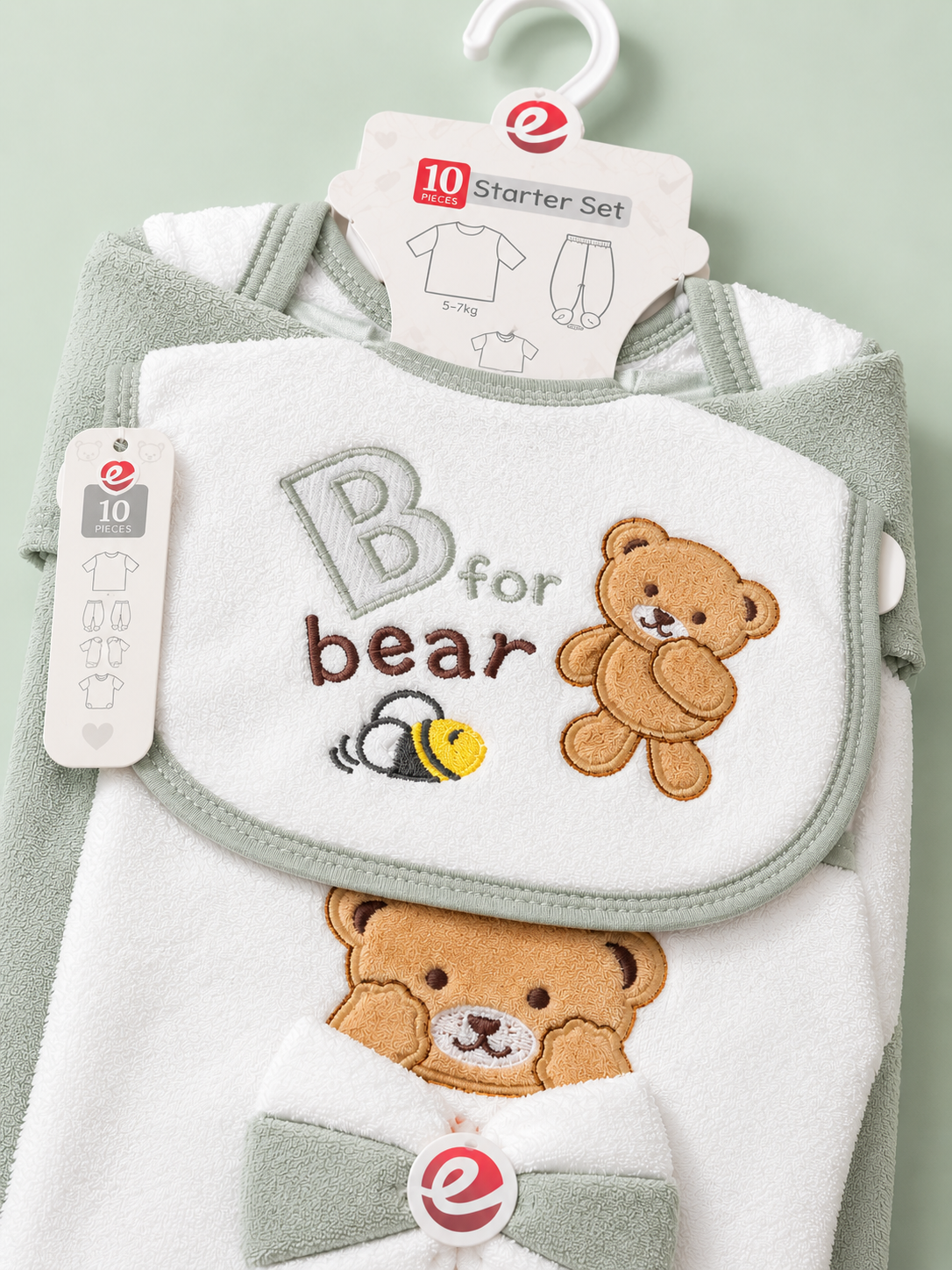 Newborn Baby Boys 10 Pcs Winter Starter Set โ White with Grey Teddy Bear Design
