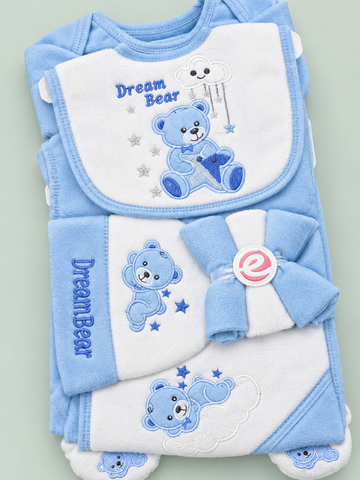 10 Pcs Newborn Baby Winter Starter Set – Sky Blue & White Dream Bear Design