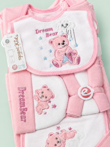 10 Pcs Winter Baby Starter Set |Baby Pink & White Dream Bear Newborn Set