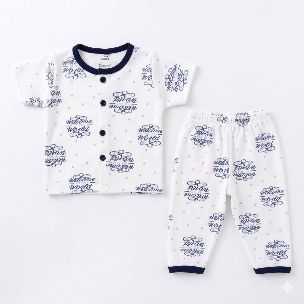 Jhabla & Shorts Set - Welcome to the World Design - Blue & White