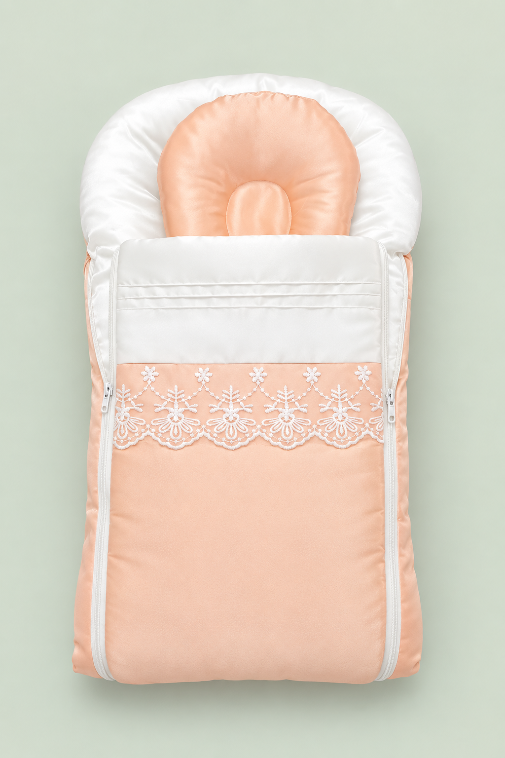 Peach & White Satin Newborn Baby Carry Nest – Lace Design