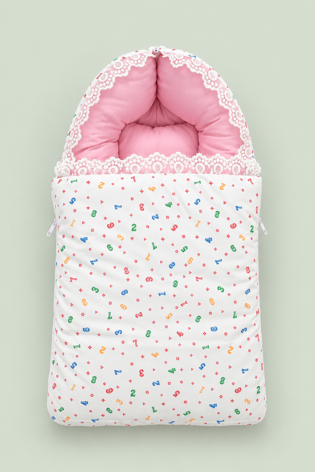 Pink & White Newborn Baby Carry Nest – Multicolor Numbers Print with Lace