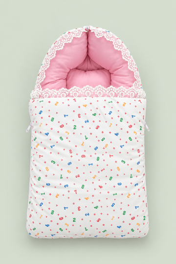 Pink & White Newborn Baby Carry Nest – Multicolor Numbers Print with Lace