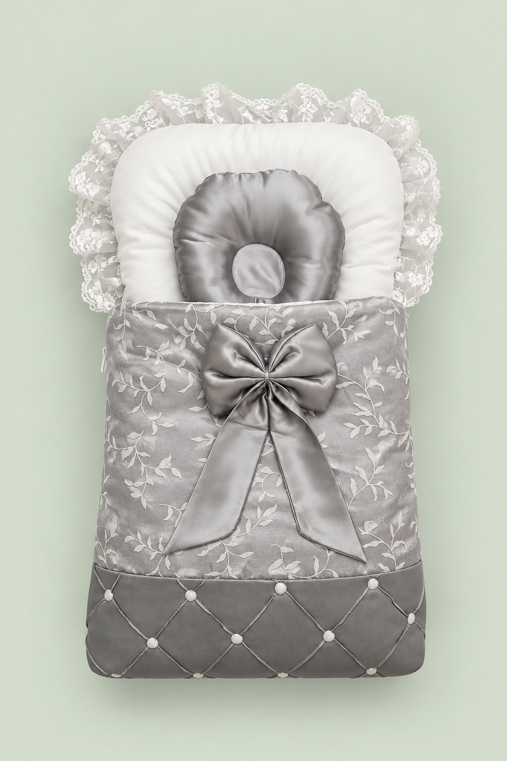 Grey Satin Baby Carry Nest with Lace & Bow