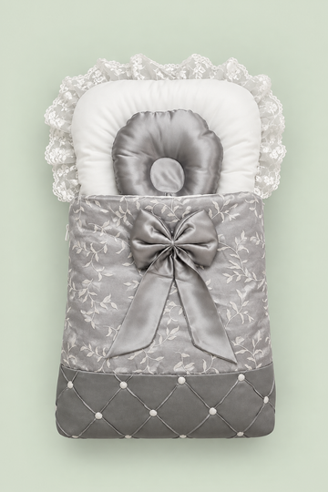 Grey Satin Baby Carry Nest with Lace & Bow