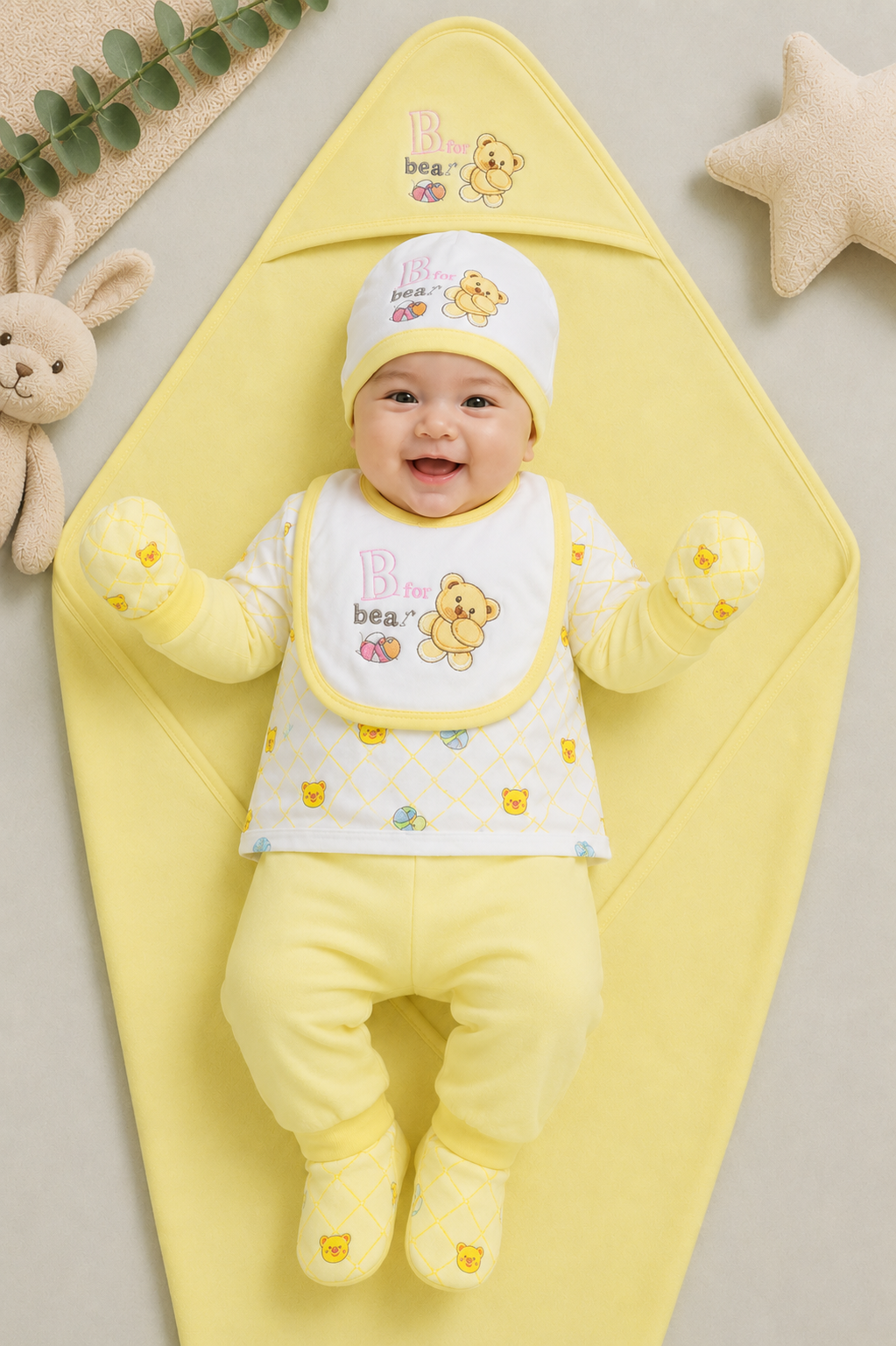 Newborn Baby Starter Set (7 Pcs) – Bear Design | Yellow