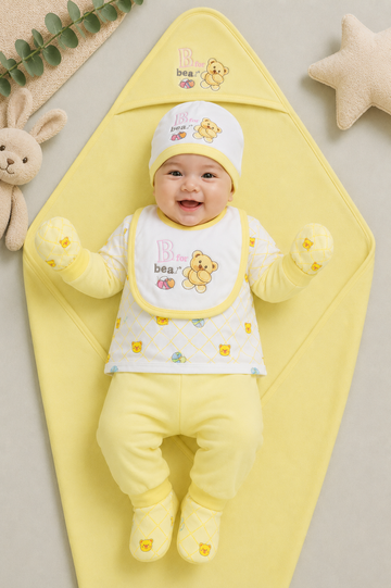 Newborn Baby Starter Set (7 Pcs) – Bear Design | Yellow
