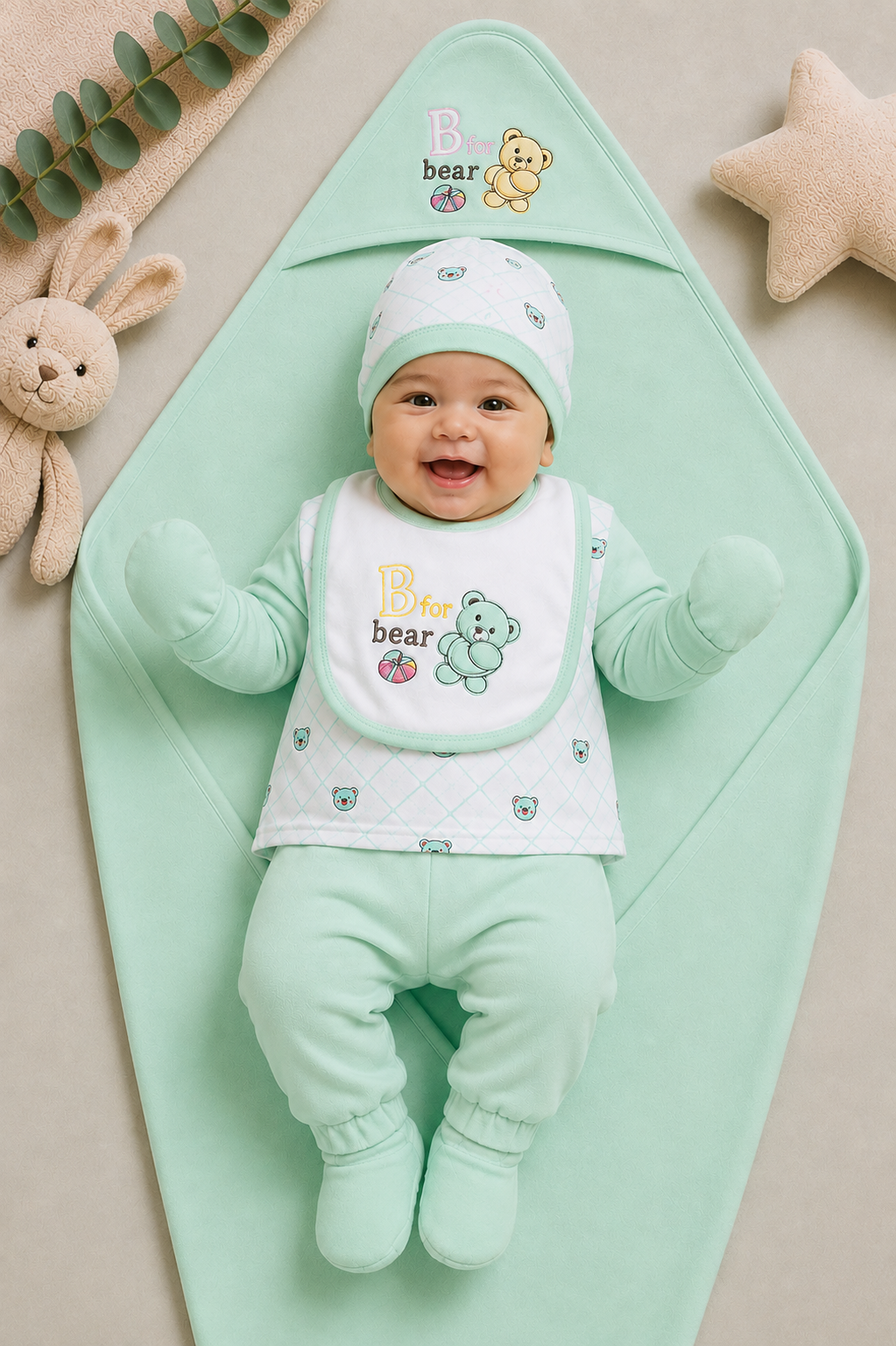 Newborn Baby Starter Set (7 Pcs) – Bear Design | Mint Green