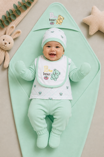 Newborn Baby Starter Set (7 Pcs) – Bear Design | Mint Green