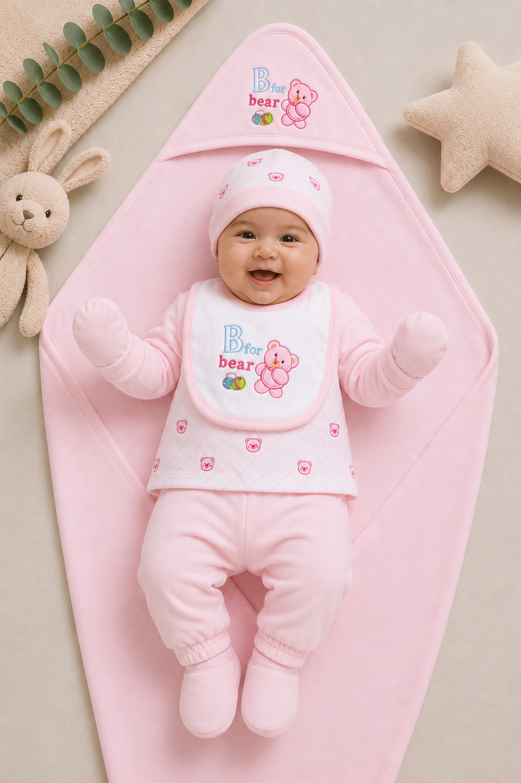 Newborn Baby Starter Set (7 Pcs) – Bear Design | Pink