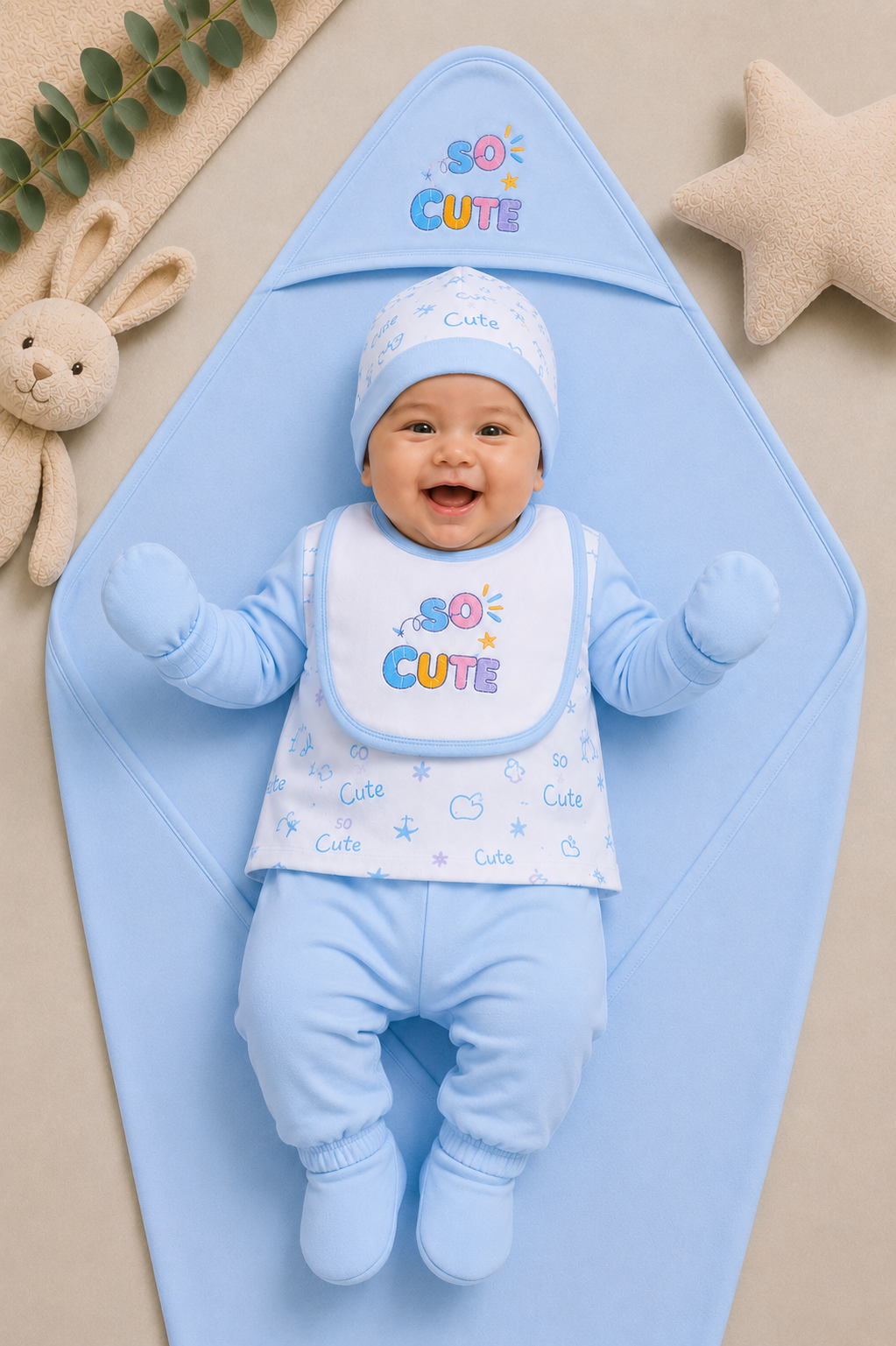 Newborn Baby Starter Set (7 Pcs) – So Cute Design | Sky Blue