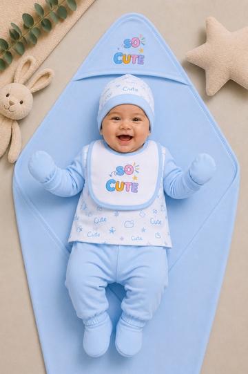 Newborn Baby Starter Set (7 Pcs) – So Cute Design | Sky Blue