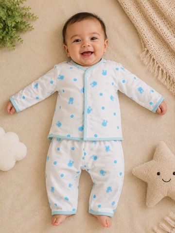 Newborn Baby 2-Piece Dress Set – White & Blue Bunny Print Cotton Baby Suit