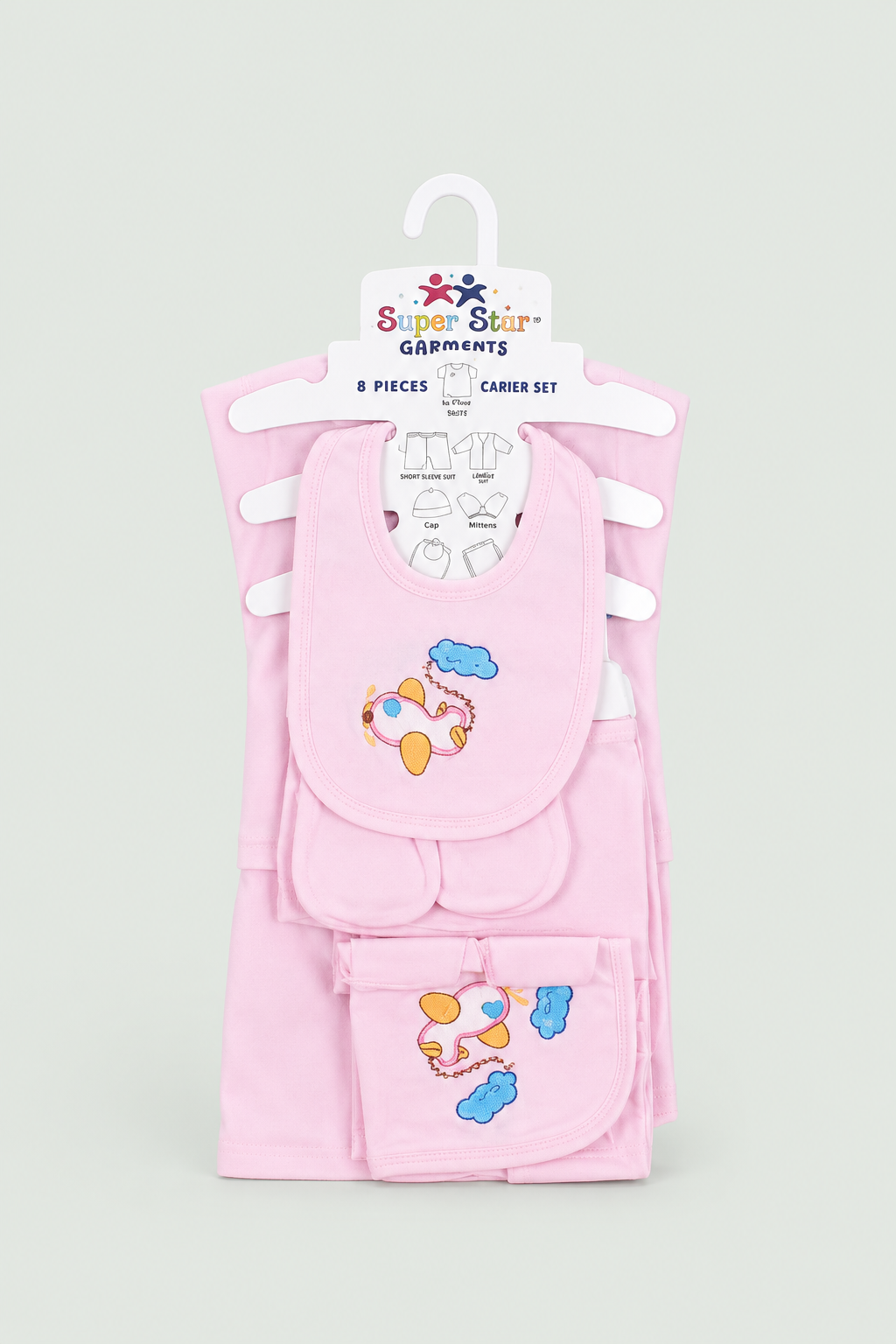 Newborn Baby Starter Set (8 Pcs) – Airplane Design | Pink