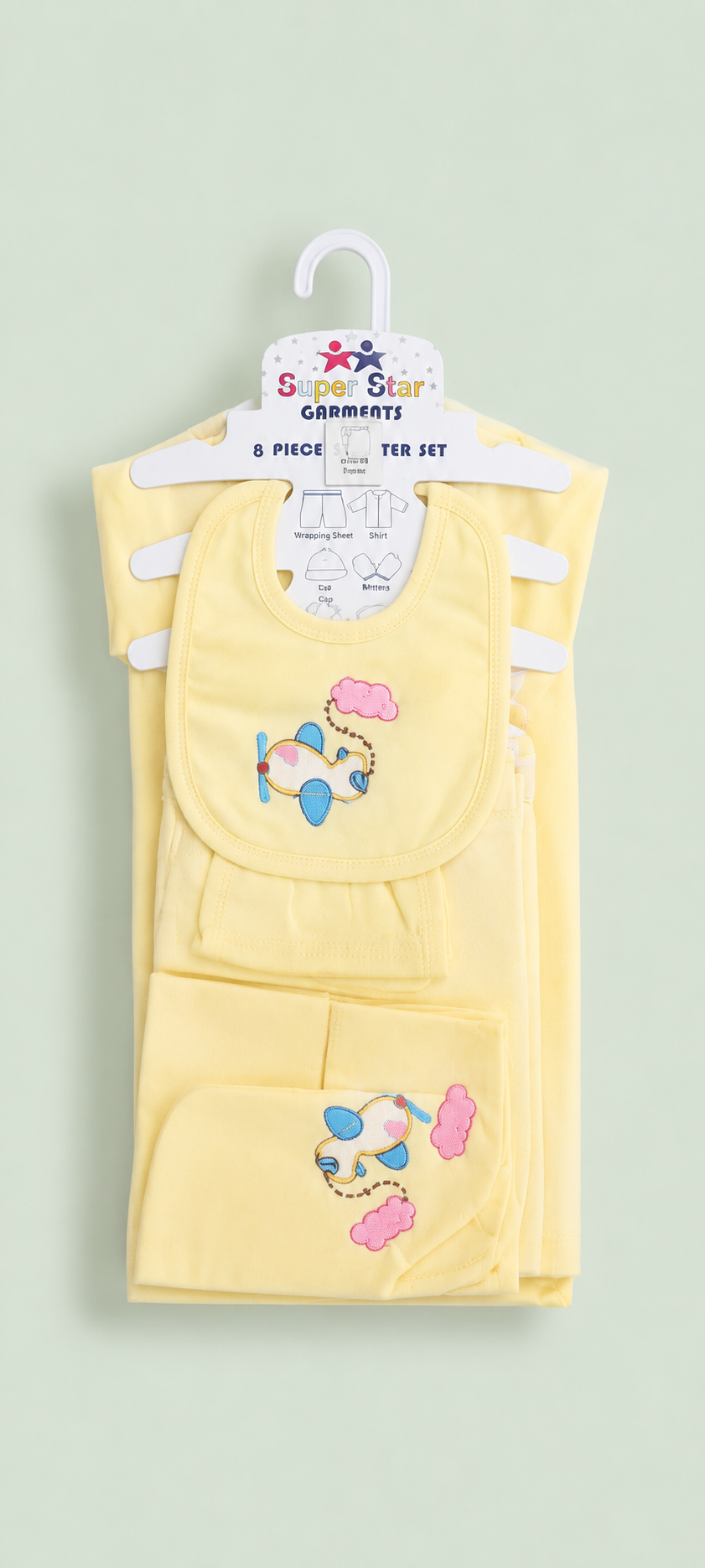 Newborn Baby Starter Set (8 Pcs) – Airplane Design | Yellow