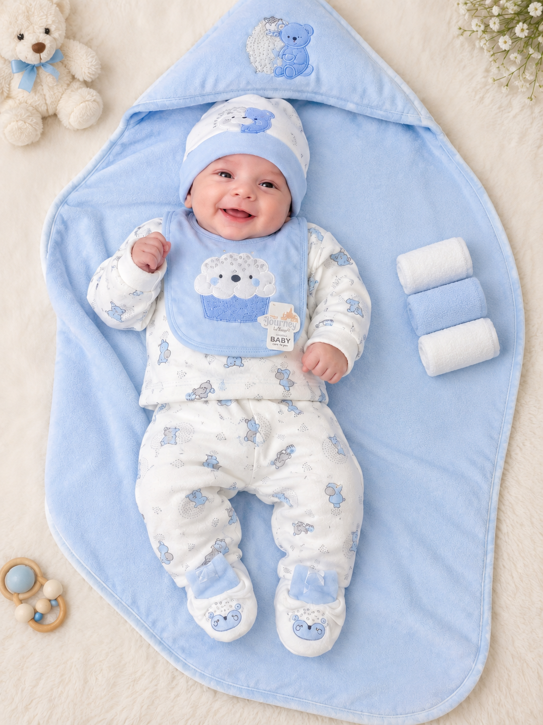 10 Pcs Winter Newborn Baby Starter Set – Blue & White Colour