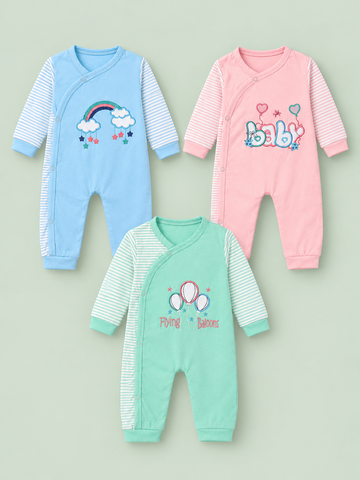 Newborn Baby Romper Set of 3 – Blue, Pink & Mint Green