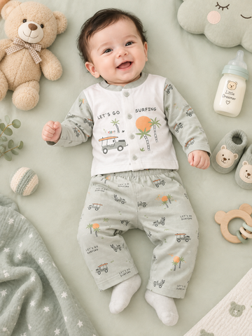 New Born 2-Piece Dress – White & Light Grey “Let’s Go Surfing” Design