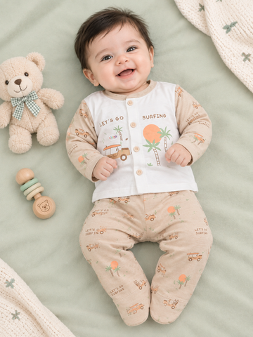 Baby Boys 2-Piece Let's Go Surfing Printed Suit – White & Peach