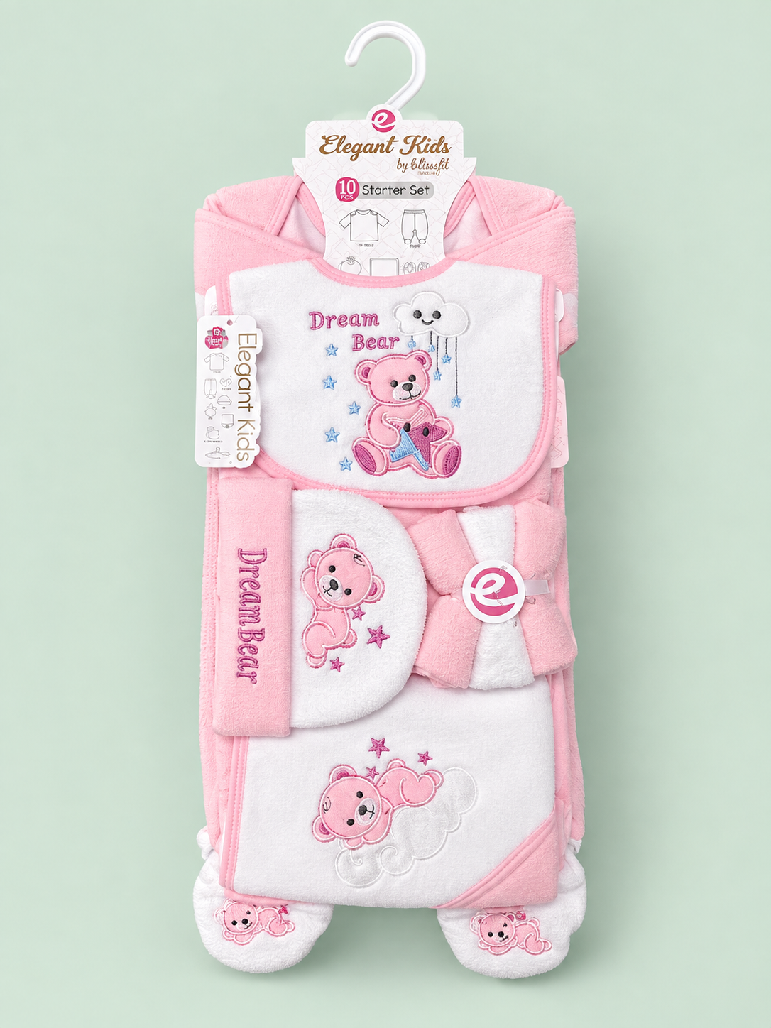 10 Pcs Winter Baby Starter Set |Baby Pink & White Dream Bear Newborn Set