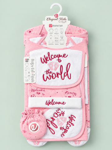 12 Pcs Winter Baby Starter Set | Baby Pink & White Welcome to the World