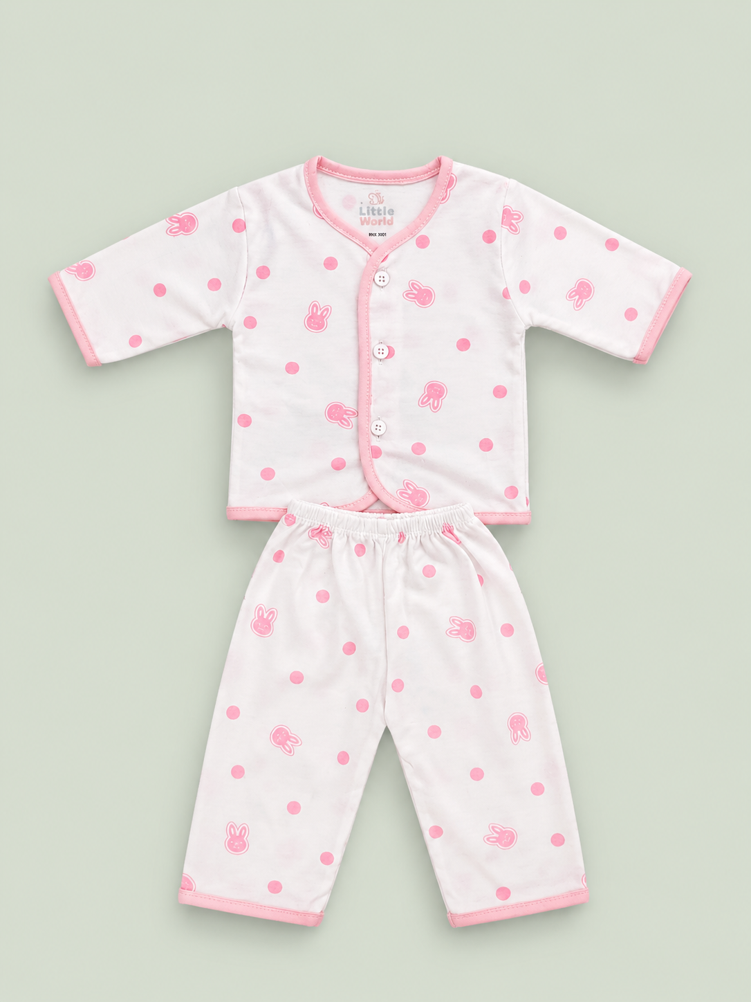 Newborn Baby 2-Piece Dress Set – White & Pink Bunny Print Cotton Baby Suit