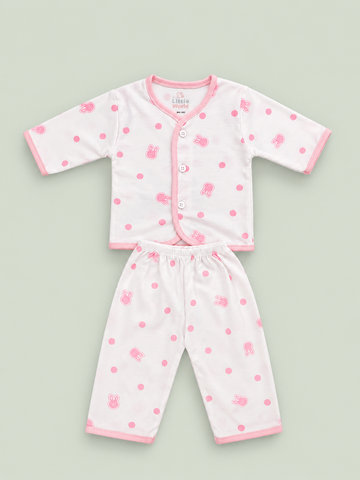 Newborn Baby 2-Piece Dress Set – White & Pink Bunny Print Cotton Baby Suit
