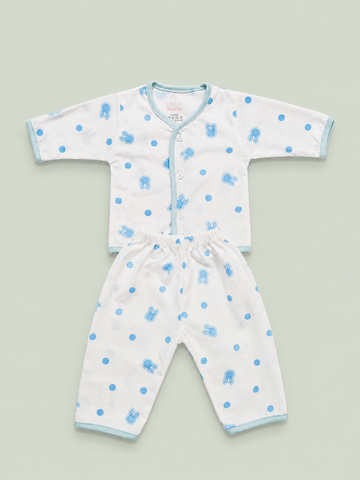 Newborn Baby 2-Piece Dress Set – White & Blue Bunny Print Cotton Baby Suit