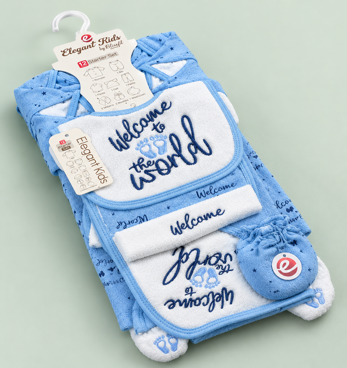 12 Pcs Winter Baby Starter Set – Blue & White Welcome to the World Design