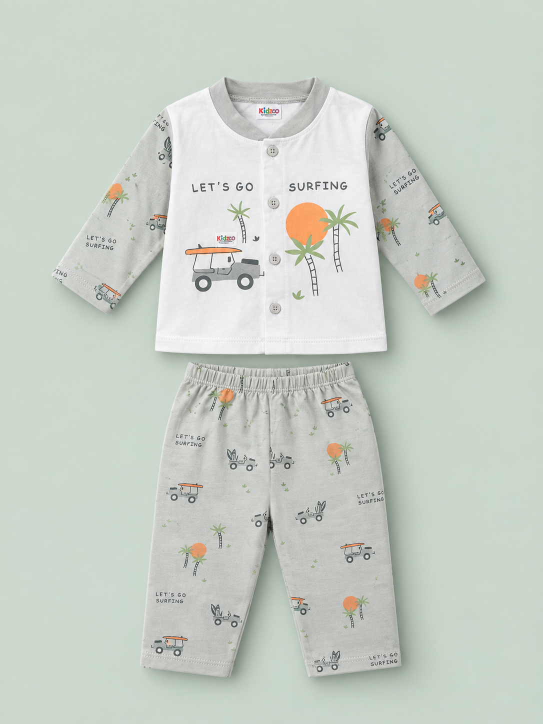 New Born 2-Piece Dress – White & Light Grey “Let’s Go Surfing” Design
