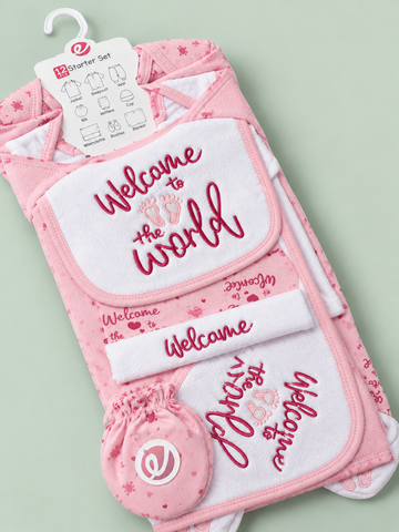 12 Pcs Winter Baby Starter Set | Baby Pink & White Welcome to the World