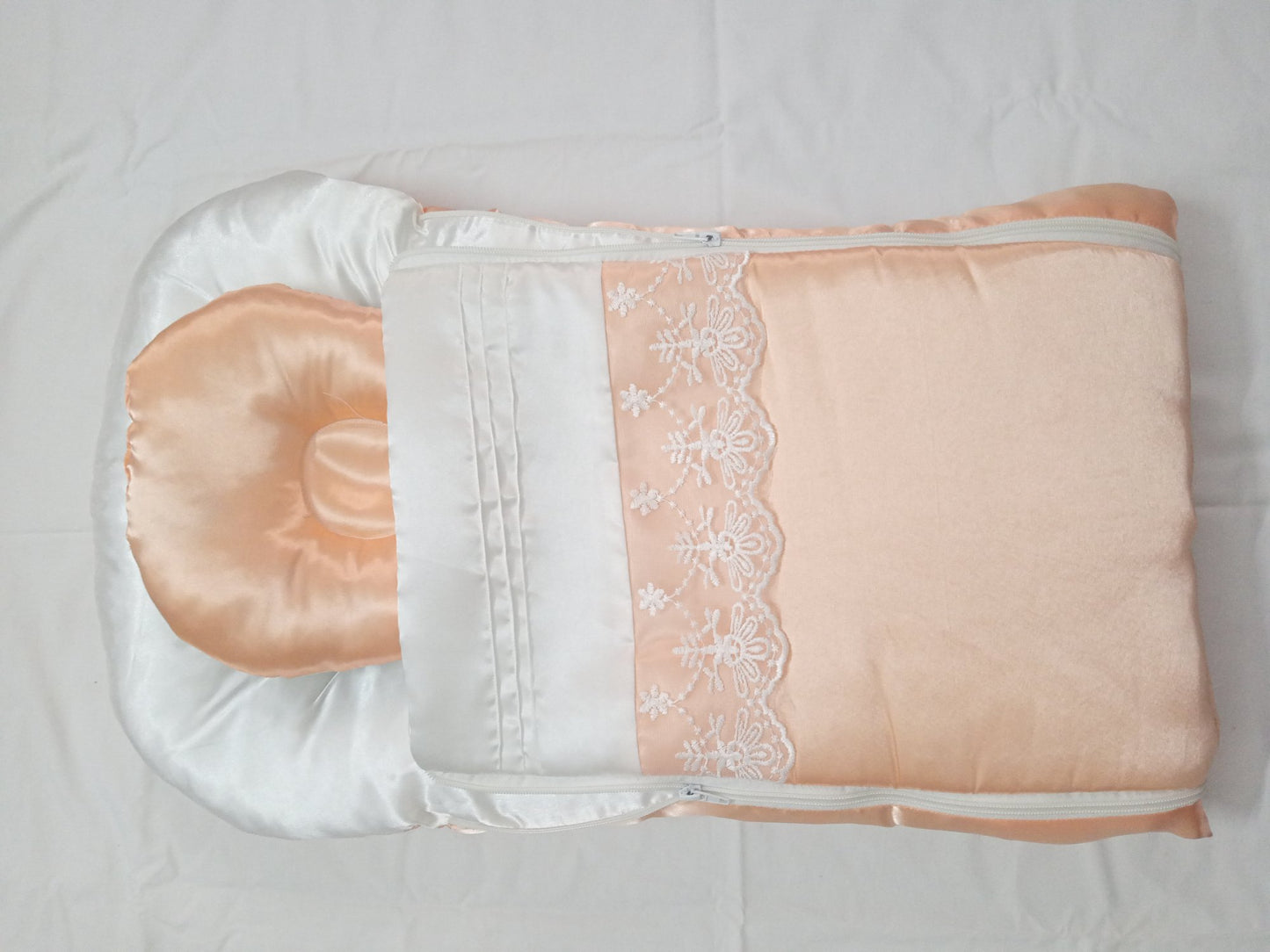 Premium Satin Baby Sleeping Bag with Lace Detail & Head Pillow
