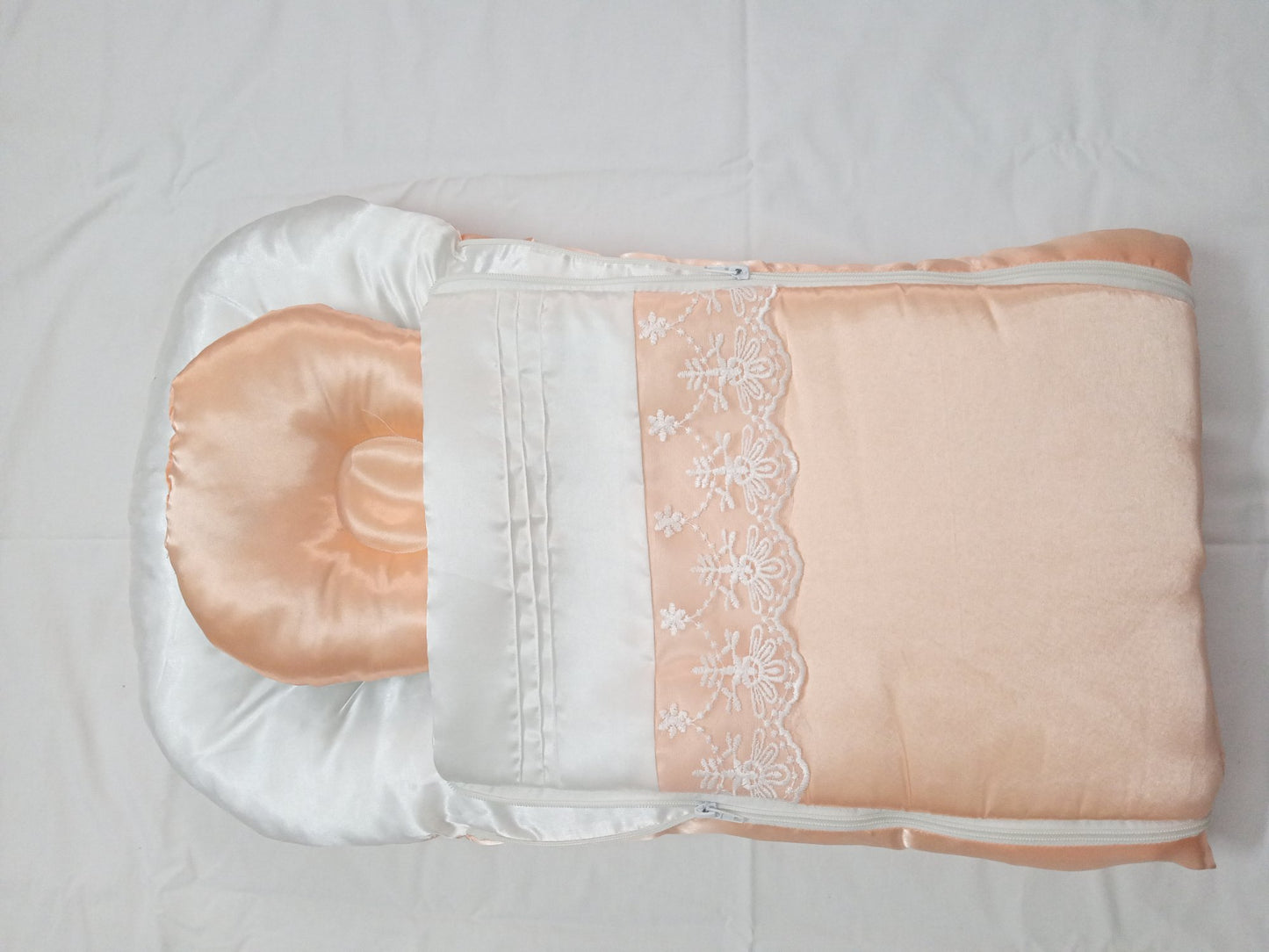 Premium Satin Baby Sleeping Bag with Lace Detail & Head Pillow