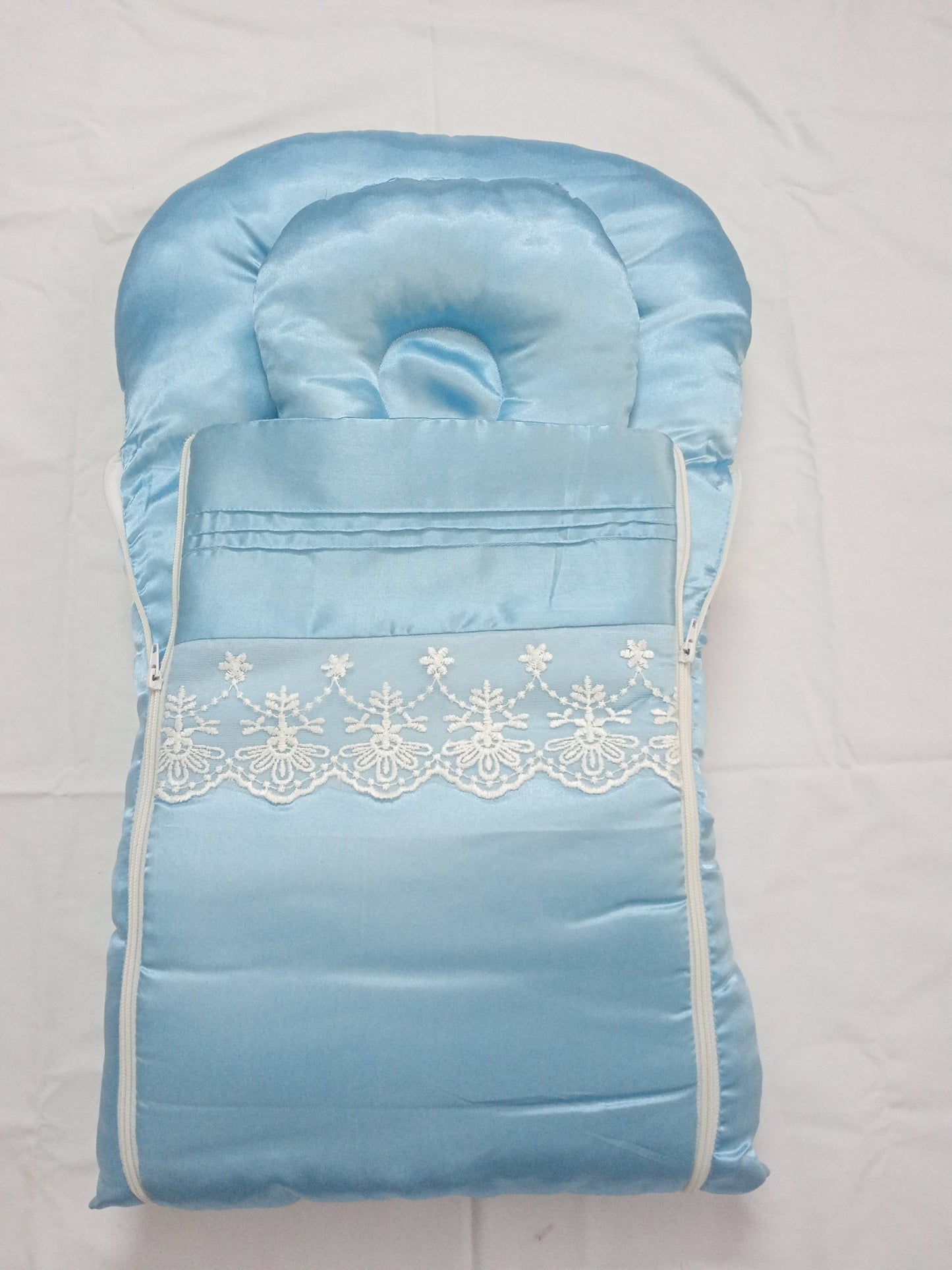 Premium Satin Baby Sleeping Bag with Lace Detail & Head Pillow