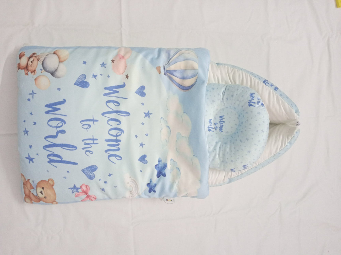"Welcome to the World" Baby Nest Sleeping Bag & Pillow Gift Set