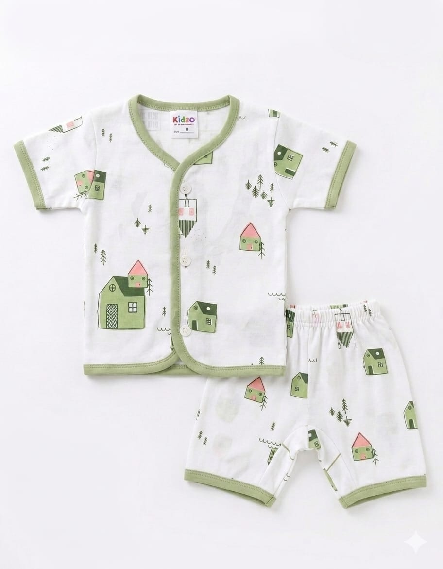 Jhabla & Shorts Set - House Design - Green